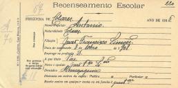 Recenseamento escolar de António Simões, filho de João Francisco Simões, morador em Almoçageme.