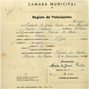 Registo de velocípede de marca Olga, com o nº 2350, em nome de Amado de Jesus Paulo, morador em Várzea de Sintra.