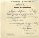 Registo de velocípede de marca Olga, com o nº 700, em nome de Luís Zeferino, morador em Vila Verde.