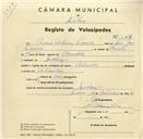 Registo de velocípede com o nº 3307, em nome de Mário António Piçarra, morador em Queluz.