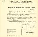 Registo de um veiculo de duas rodas tirado por dois animais de espécie bovina destinado a transporte de mercadorias em nome de Joaquim Isidro dos Reis, morador na Quinta do Mirante, Pendão.