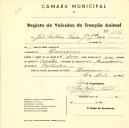 Registo de um veiculo de duas rodas tirado por um animal de espécie cavalar destinado a transporte de mercadorias em nome de João Teotónio Pereira júnior, morador em Almoçageme.