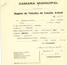 Registo de um veiculo de duas rodas tirado por dois animais de espécie asinina destinado a transporte de mercadorias em nome de Domingos Gualdino, morador em Godigana.