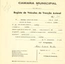 Registo de um veiculo de duas rodas tirado por um animal de espécie asinina destinado a transporte de mercadorias em nome de Matias Carlos da Rocha, morador em Covões.