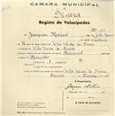 Registo de velocípede de marca Nacional, com o nº 120, em nome de Joaquim Mateus, morador em Vila Verde.