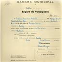 Registo de velocípede com o nº 338, em nome de António Gonçalves Galante, morador em Queluz.