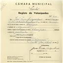 Registo de velocípede de marca Champion, com o nº 4164, em nome de José Perez Miquelino, morador em Algueirão.