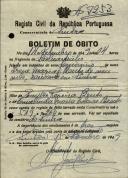 Boletim de óbito de Irene Maria Bento, moradora em Sintra, sepultada no coval nº 7253, do cemitério de S. Marçal.