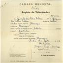 Registo de velocípede de marca Antonelo, com o nº 2672, em nome de Juvenal da Silva Cabeça, morador em Albarraque.