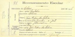Recenseamento escolar de Eulália da Silva, filha de João Pedro da Silva, moradora em Colares.