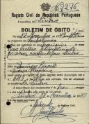Boletim de óbito de Rosa Cardoso Simplicio, moradora no Lourel, sepultada no coval nº 7276, do cemitério de S. Marçal.