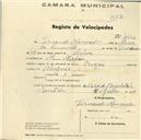 Registo de velocípede de marca Origan, com o nº 4302, em nome de Fernando Moncado, morador em Mem Martins.