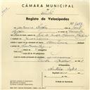 Registo de velocípede de marca Olympique, com o nº 4179, em nome de António Lopes, morador em Massamá.