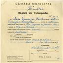Registo de velocípede de marca Oriental, com o nº 4029, em nome de Adão Domingos Coelho, morador em Várzea de Colares.