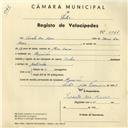 Registo de velocípede de marca Cycles, com o nº 4066, em nome de Viriato das Neves, morador em Algueirão.