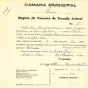 Registo de um veiculo de duas rodas tirado por dois animais de espécie muar e cavalar destinado a transporte de mercadorias em nome de António Francisco Antunes, morador no Casal da Serra em Almargem.