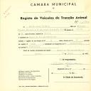 Registo de um veiculo de duas rodas tirado por dois animais de espécie bovina destinado a transporte de mercadorias em nome de Júlio Canas Pereira, morador no Casal de Vale Mourão, Cacém.