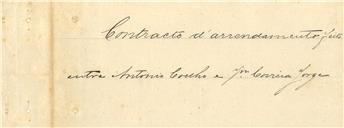 Contrato de arrendamento da quinta designado das Marcas, sito na Ribeira de Sintra, composta por dois prédios de casas, vinha, pomar e terra de semeadura feito por António Coelho, morador na Quinta da Cabeça, a Joaquim Correia Jorge.