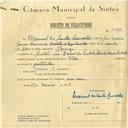 Registo de velocípede de marca Vilar com motor Cuciolo, com o nº 5788, em nome de Manuel dos Santos Carvalho, morador em Bairro da Portela, Sintra.