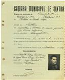 Registo de matricula de velocipedista em nome de Caetano da Cunha Filipe, morador em Sintra, com o nº de inscrição 1816.