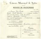 Registo de velocípede de marca Nacional, com o nº 9346, em nome de Nuno Rios Santos, morador em Agualva.