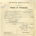 Registo de velocípede com o nº 3732, em nome de Joel Elisiário Carvalho Janota, morador em Pero Pinheiro.