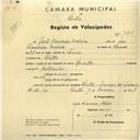 Registo de velocípede de marca Sprinter, com o nº 2806, em nome de João Francisco Moleiro, morador em Sintra.