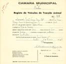 Registo de um veiculo de duas rodas tirado por dois animais de espécie bovina destinado a transporte de mercadorias em nome de Manuel Joaquim Vieira Borga, morador em Rio de Mouro.