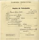 Registo de velocípede de marca Helios, com o nº 1710, em nome de Raquel Lopes Castro, moradora em Sintra.
