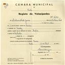 Registo de velocípede de marca Alfa, com o nº 4182, em nome de António Norte Júnior, morador em Queluz.
