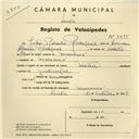 Registo de velocípede com o nº 3895, em nome de João Ribeiro Rodrigues, morador em Massamá.