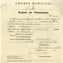 Registo de velocípede de marca Nacional, com o nº 4099, em nome de Maximino Miguel Caetano, morador em Codiceira.