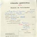 Registo de velocípede de marca Raio, com o nº 5292, em nome de Elisiário Manuel J. Tomás Coelho, morador em Montelavar.