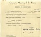Registo de velocípede de marca Cicles, com o nº 9864, em nome de Joaquim António Sadio, morador em Ribeira dos Tostões.