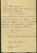 Requerimento feito por Augusto Gaspar ao Presidente da Junta de Paróquia de Colares para receber a esmola de 1$00 escudo do legado Colares.