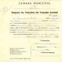 Registo de um veiculo de duas rodas tirado por um animal de espécie asinina destinado a transporte de mercadorias em nome de Hermando de Bastos, morador na Quinta da Boa Esperança, Albarraque.
