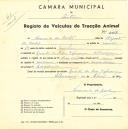 Registo de um veiculo de duas rodas tirado por um animal de espécie asinina destinado a transporte de mercadorias em nome de Hermando de Bastos, morador na Quinta da Boa Esperança, Albarraque.