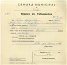 Registo de velocípede de marca Pombal com o nº 3356, em nome de Sabino Domingos Marcos, morador em Cabrela.