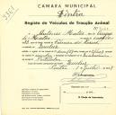 Registo de um veiculo de duas rodas tirado por dois animais de espécie cavalar destinado a transporte de mercadorias em nome de António Matos, morador em Queluz.