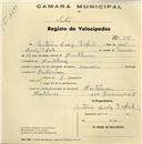 Registo de velocípede de marca Memória, com o nº 109, em nome de António Luís Taful, morador em Montelavar.