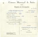 Registo de velocípede de marca Mota, com o nº 9127, em nome de Serafim Cândido Gonçalves Garrido, morador em Colares.