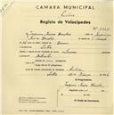 Registo de velocípede com o nº 2425, em nome de Joaquim Pereira Cardoso, morador em Sintra.