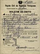 Boletim de óbito de Helena Soares Ribeiro de Fontes Barreto, moradora em Sintra, sepultada no coval nº 7640, do cemitério de S. Marçal.