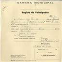 Registo de velocípede de marca Helios, com o nº 511, em nome de António dos Santos, morador em Sabugo.