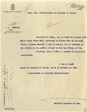 Ofício dirigido ao Administrador do Concelho de Sintra, proveniente do  Presidente da Comissão Administrativa da Câmara Municipal de Lisboa, Henrique Linhares de Lima, ordenando a intimação de José Maria Veiga Silva Rego, morador na Quinta Nova da Assunção em Belas, a reparar o cano de esgoto.