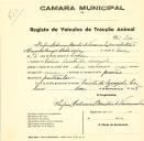 Registo de um veiculo de duas rodas tirado por um animal de espécie muar destinado a transporte de mercadorias em nome de Rufina Madureira Brandão de Vasconcelos, morador na Quinta da Sarrazola Colares.