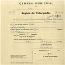 Registo de velocípede de marca Helios, com o nº 2283, em nome de Maria Margarida da Fonseca e Castro Ferreira de Freitas, moradora em Queluz.