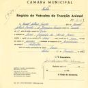 Registo de um veiculo de duas rodas tirado por um animal de espécie asinina destinado a transporte de mercadorias em nome de Manuel António Canada, morador em Covas, Rio de Mouro.