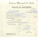 Registo de velocípede com o nº 9541, em nome de Vitorino Serra Cardoso, morador em Ribeira do Papel.