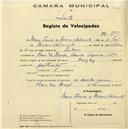 Registo de velocípede com o nº 1752, em nome de Maria Teresa Morais Sarmento, moradora em Praia das Maçãs.